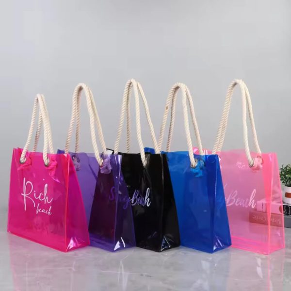 PVC Transparent Beach Bag With Rope Handles 4 Colours Available, Personalisation With Vinyl, Silk Screen,  UV Digital
