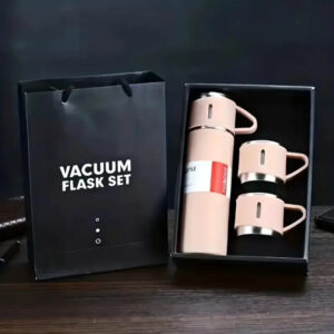 Vacuum Flask Set – 500ml Stainless Steel Thermos with 3 Cups | Travel Flask | Gift Idea